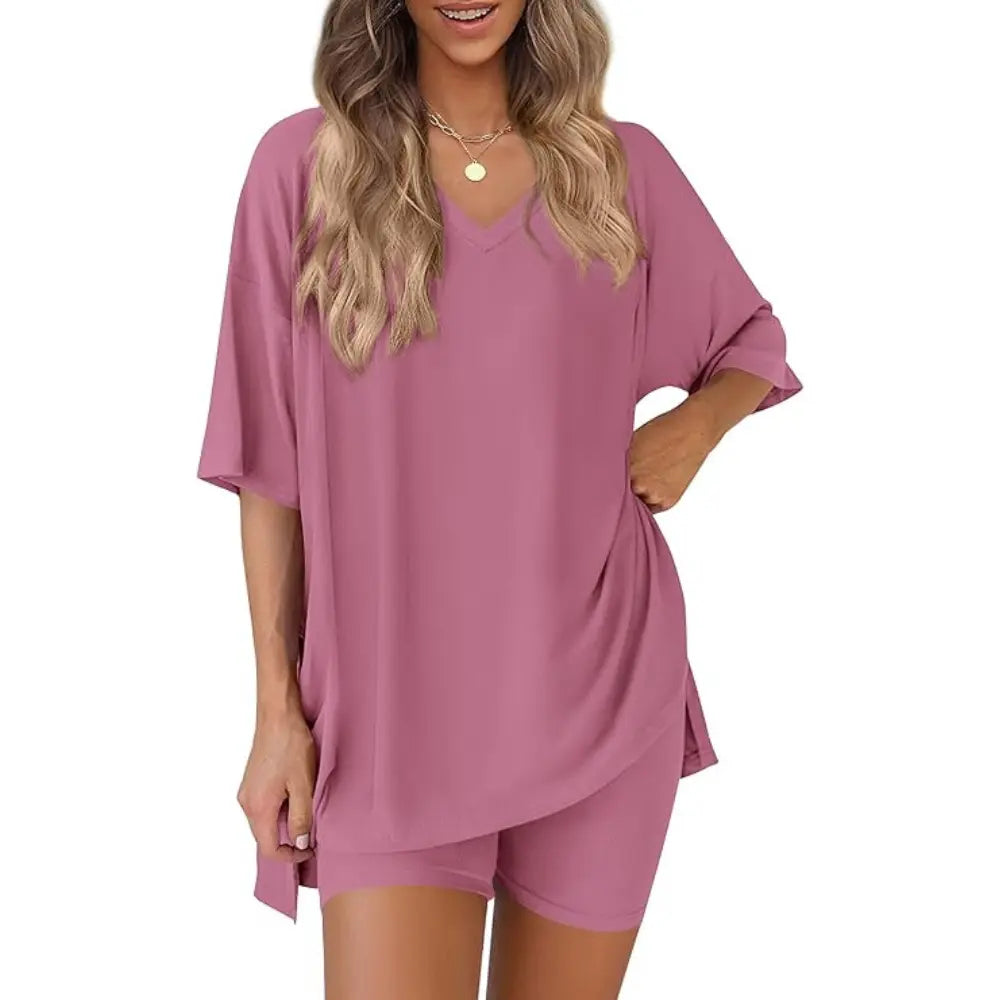 PRETTYGARDEN Crewneck Two-Piece Set for Women Summer Casual Oversized Split Hem Shirts & Side Pocket Biker Shorts Minimalist Lounge Wear Soft Viscose Fabric Comfy Homewear Cozy Pjs#Summervibes#Swimweek