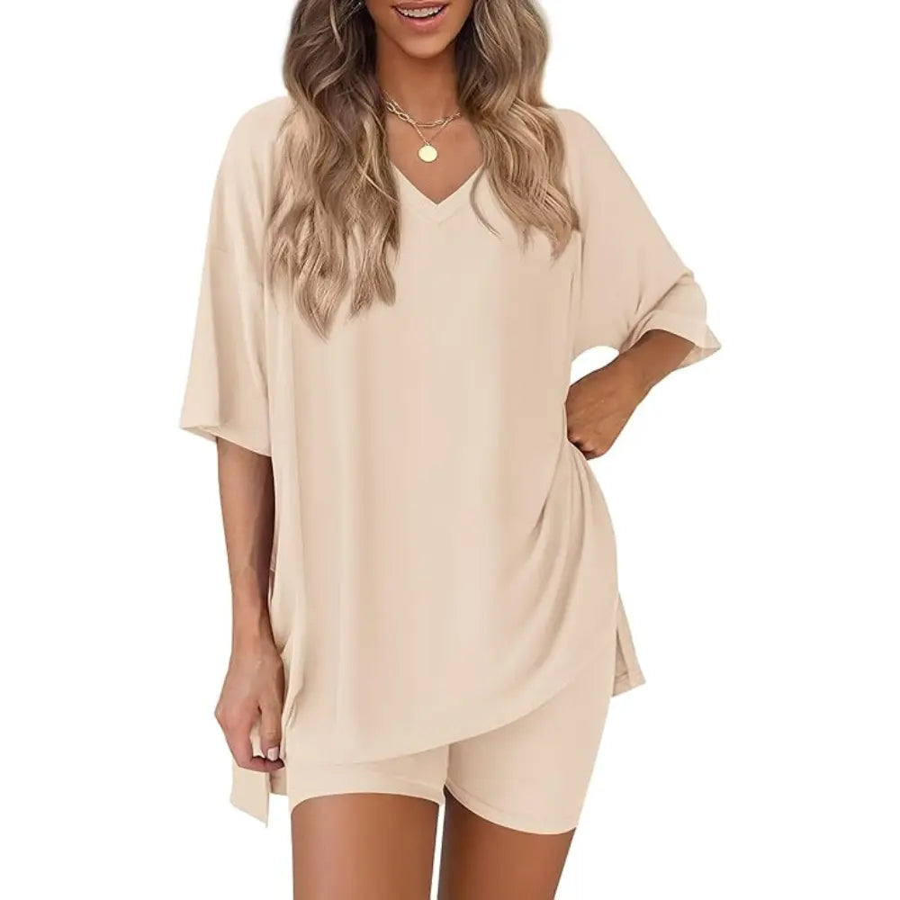 PRETTYGARDEN Crewneck Two-Piece Set for Women Summer Casual Oversized Split Hem Shirts & Side Pocket Biker Shorts Minimalist Lounge Wear Soft Viscose Fabric Comfy Homewear Cozy Pjs#Summervibes#Swimweek