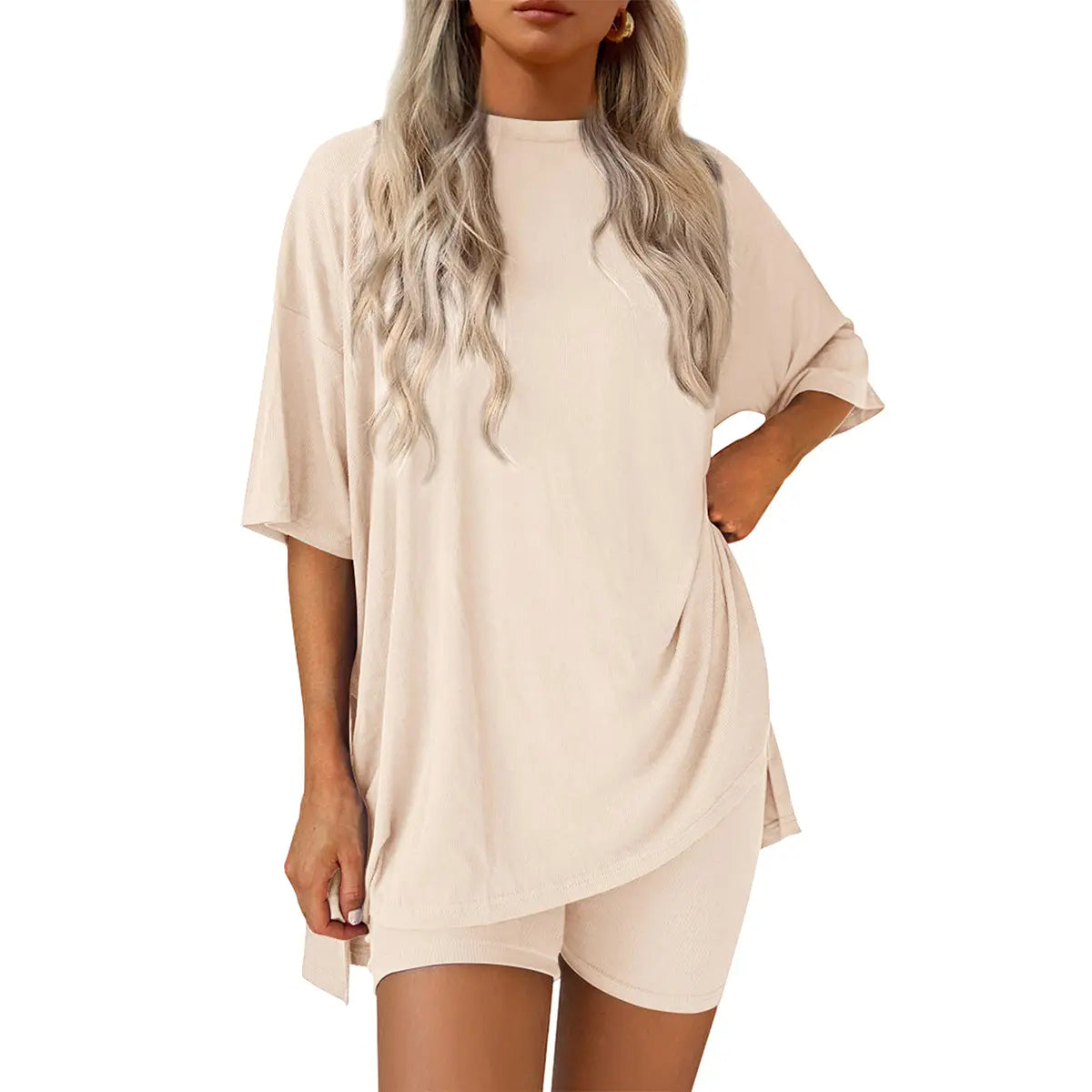 PRETTYGARDEN Crewneck Two-Piece Set for Women Summer Casual Oversized Split Hem Shirts & Side Pocket Biker Shorts Minimalist Lounge Wear Soft Viscose Fabric Comfy Homewear Cozy Pjs#Summervibes#Swimweek