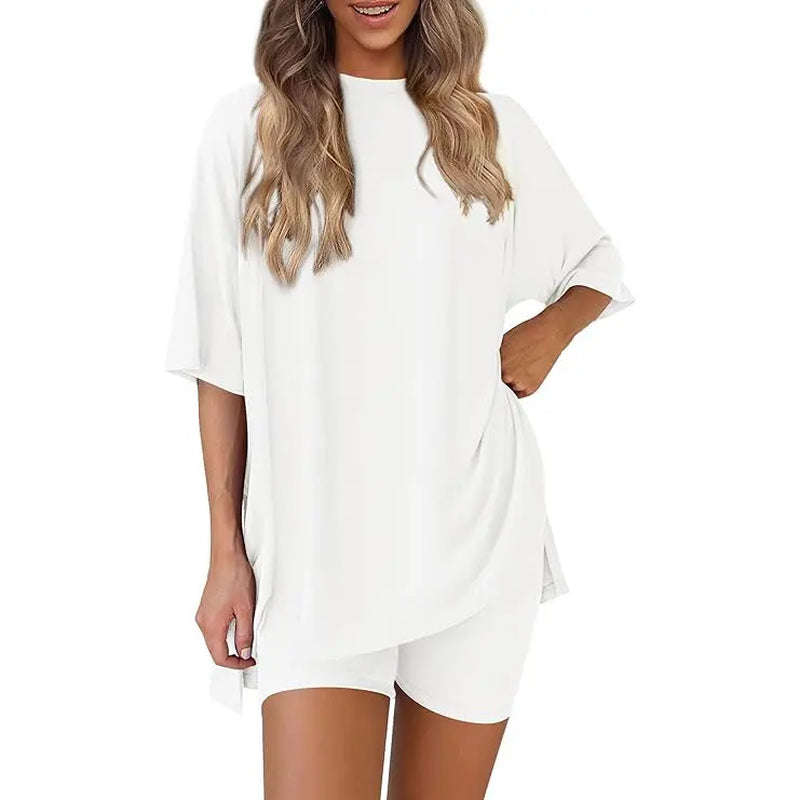PRETTYGARDEN Crewneck Two-Piece Set for Women Summer Casual Oversized Split Hem Shirts & Side Pocket Biker Shorts Minimalist Lounge Wear Soft Viscose Fabric Comfy Homewear Cozy Pjs#Summervibes#Swimweek