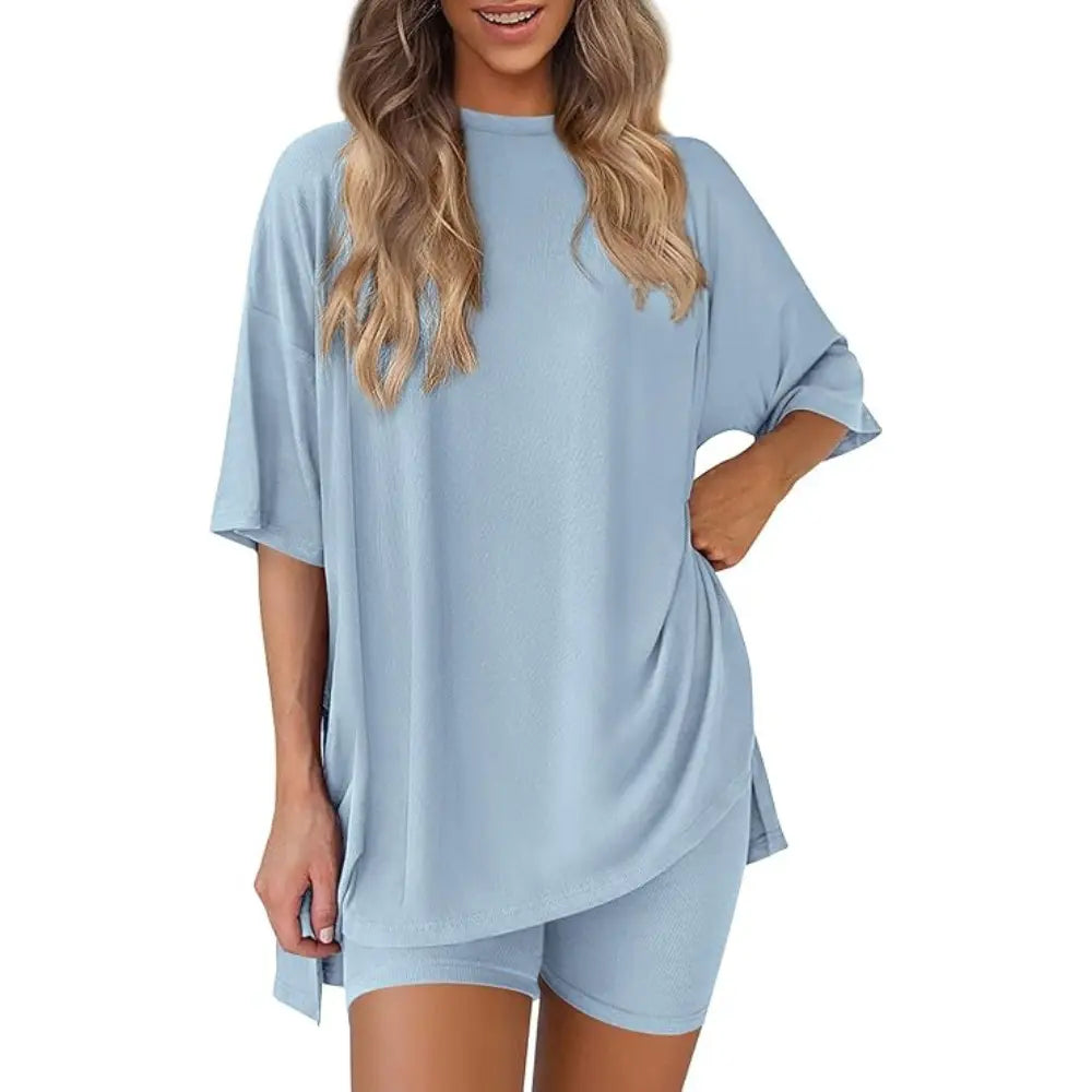 PRETTYGARDEN Crewneck Two-Piece Set for Women Summer Casual Oversized Split Hem Shirts & Side Pocket Biker Shorts Minimalist Lounge Wear Soft Viscose Fabric Comfy Homewear Cozy Pjs#Summervibes#Swimweek