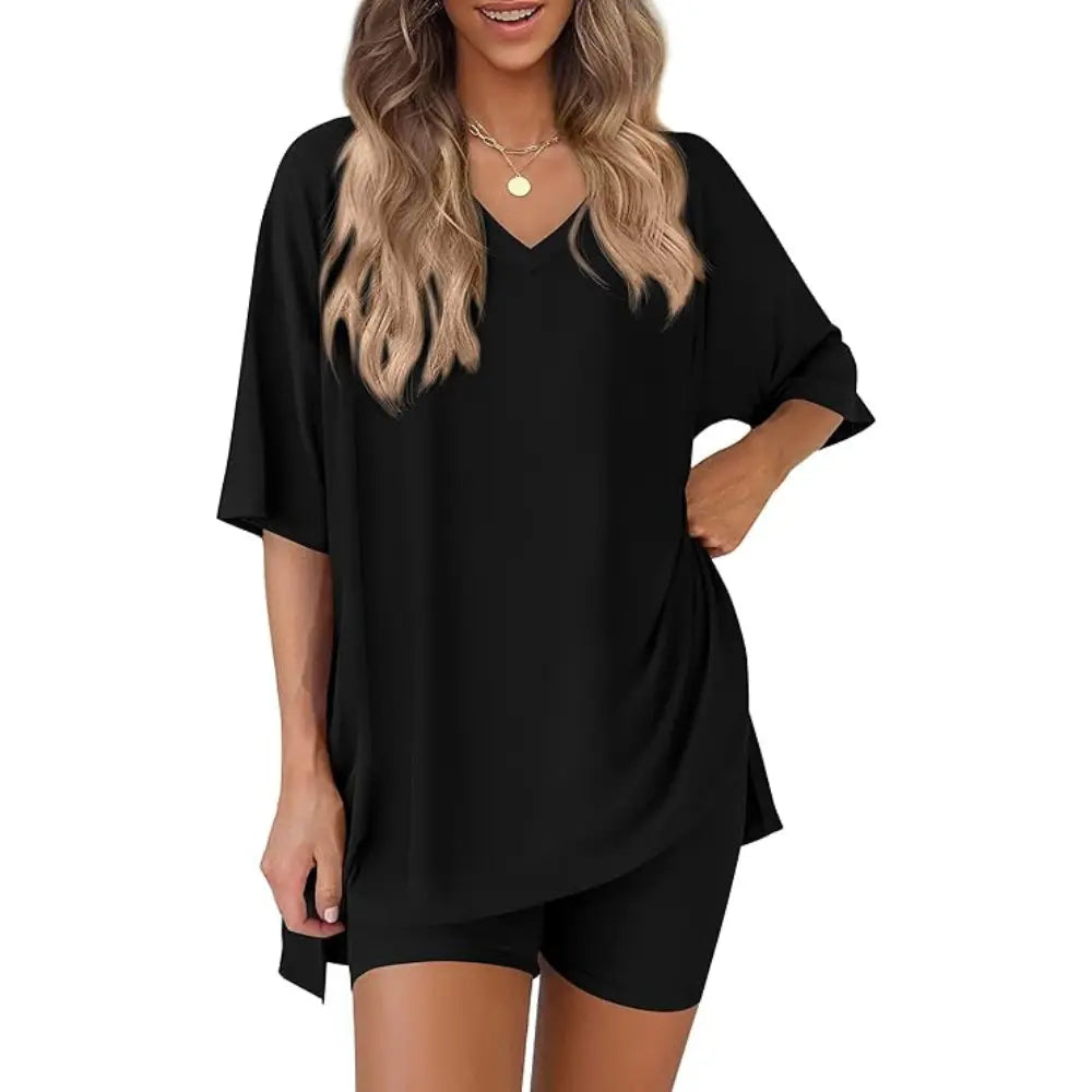 PRETTYGARDEN Crewneck Two-Piece Set for Women Summer Casual Oversized Split Hem Shirts & Side Pocket Biker Shorts Minimalist Lounge Wear Soft Viscose Fabric Comfy Homewear Cozy Pjs#Summervibes#Swimweek