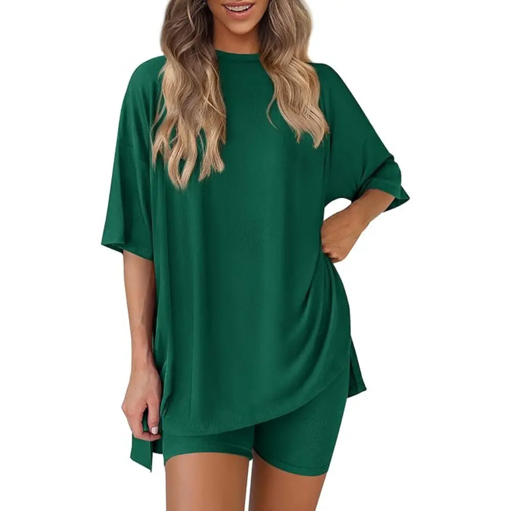 PRETTYGARDEN Crewneck Two-Piece Set for Women Summer Casual Oversized Split Hem Shirts & Side Pocket Biker Shorts Minimalist Lounge Wear Soft Viscose Fabric Comfy Homewear Cozy Pjs#Summervibes#Swimweek