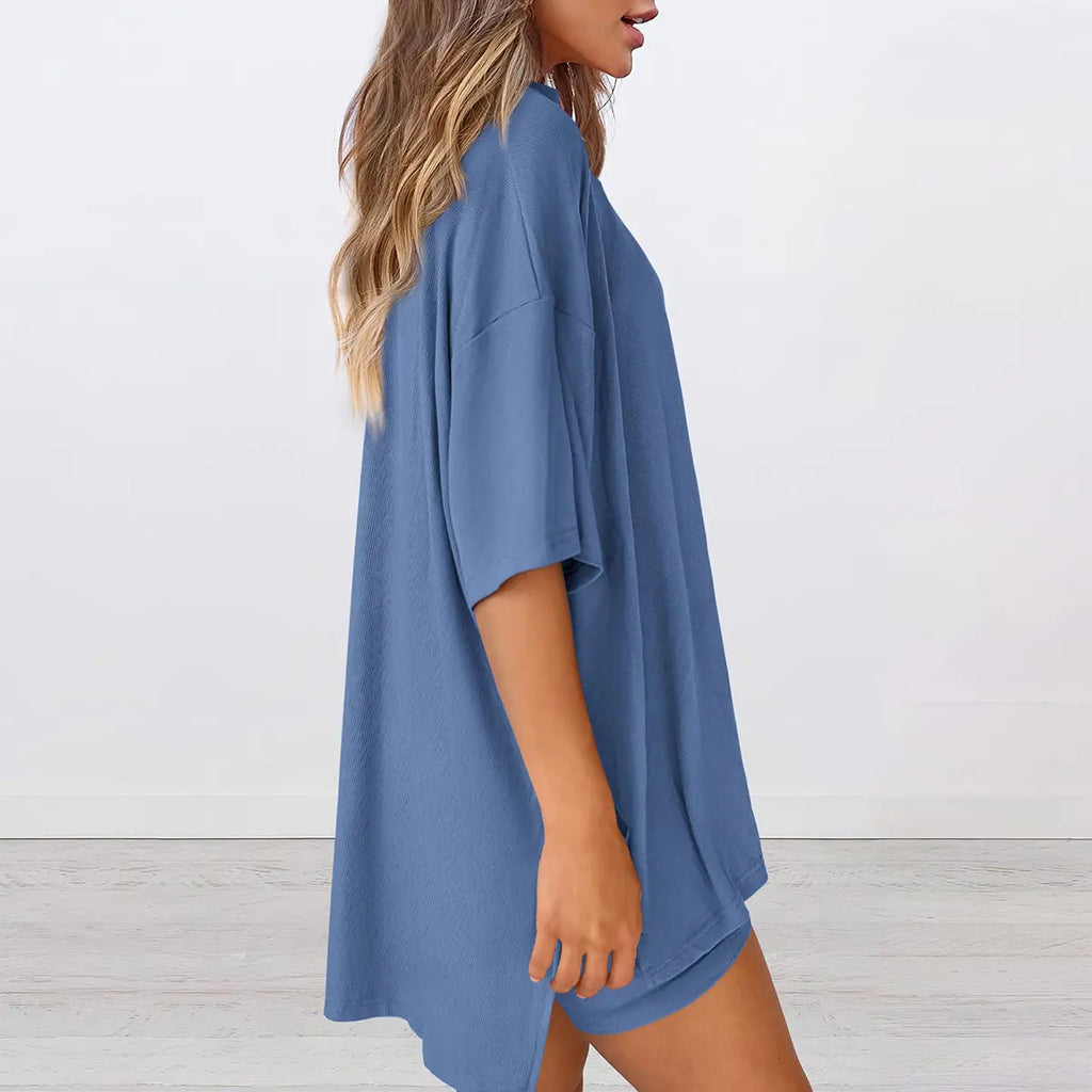 PRETTYGARDEN Crewneck Two-Piece Set for Women Summer Casual Oversized Split Hem Shirts & Side Pocket Biker Shorts Minimalist Lounge Wear Soft Viscose Fabric Comfy Homewear Cozy Pjs#Summervibes#Swimweek