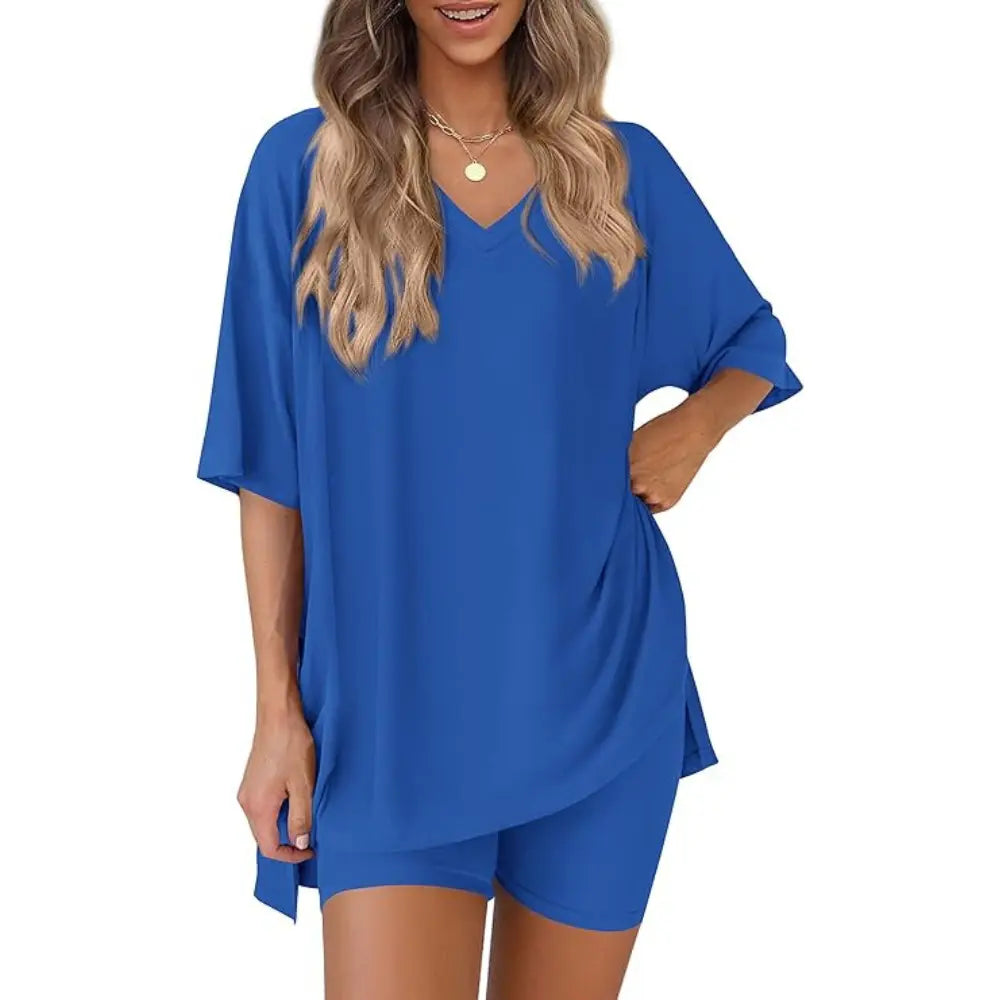 PRETTYGARDEN Crewneck Two-Piece Set for Women Summer Casual Oversized Split Hem Shirts & Side Pocket Biker Shorts Minimalist Lounge Wear Soft Viscose Fabric Comfy Homewear Cozy Pjs#Summervibes#Swimweek