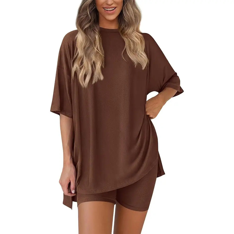 PRETTYGARDEN Crewneck Two-Piece Set for Women Summer Casual Oversized Split Hem Shirts & Side Pocket Biker Shorts Minimalist Lounge Wear Soft Viscose Fabric Comfy Homewear Cozy Pjs#Summervibes#Swimweek