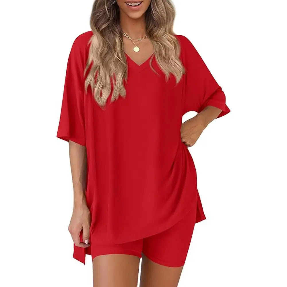 PRETTYGARDEN Crewneck Two-Piece Set for Women Summer Casual Oversized Split Hem Shirts & Side Pocket Biker Shorts Minimalist Lounge Wear Soft Viscose Fabric Comfy Homewear Cozy Pjs#Summervibes#Swimweek