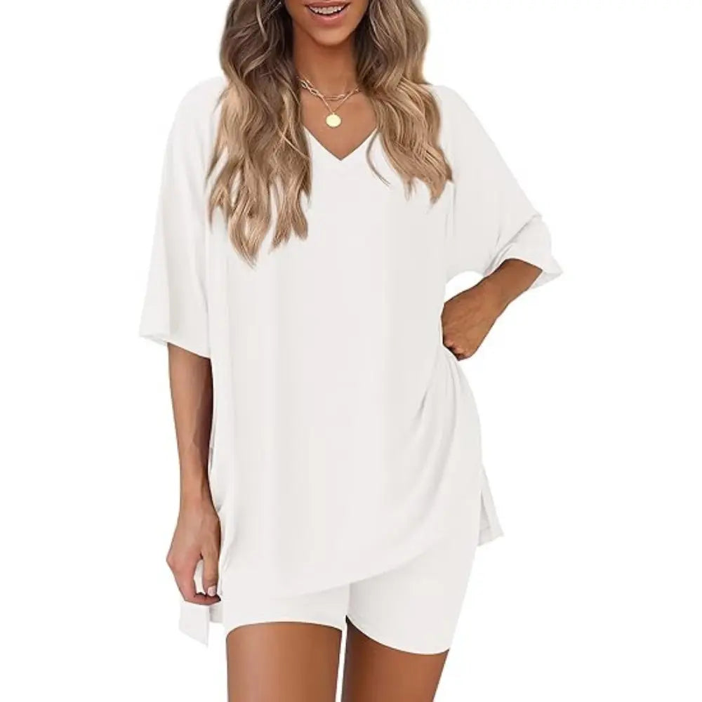 PRETTYGARDEN Crewneck Two-Piece Set for Women Summer Casual Oversized Split Hem Shirts & Side Pocket Biker Shorts Minimalist Lounge Wear Soft Viscose Fabric Comfy Homewear Cozy Pjs#Summervibes#Swimweek