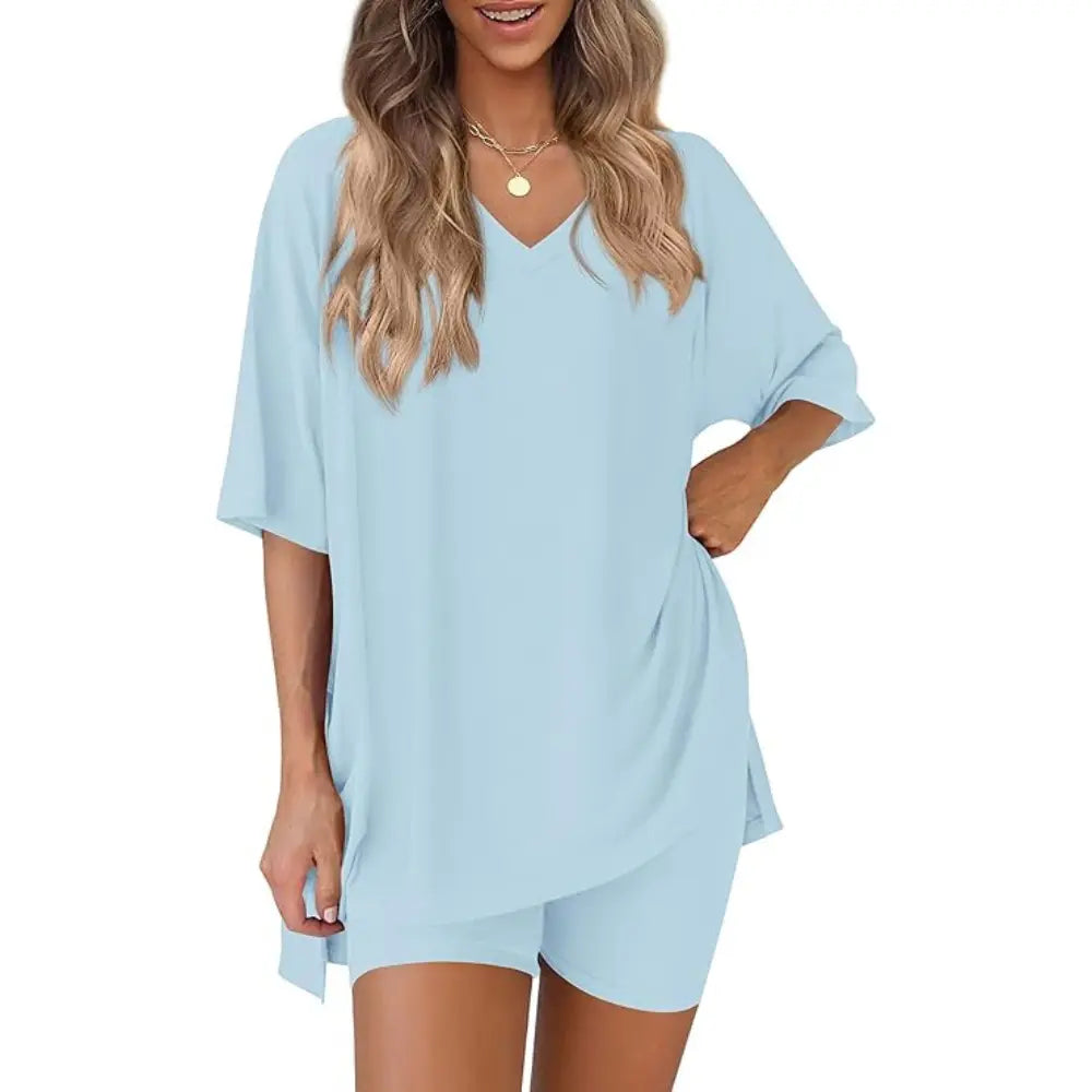 PRETTYGARDEN Crewneck Two-Piece Set for Women Summer Casual Oversized Split Hem Shirts & Side Pocket Biker Shorts Minimalist Lounge Wear Soft Viscose Fabric Comfy Homewear Cozy Pjs#Summervibes#Swimweek