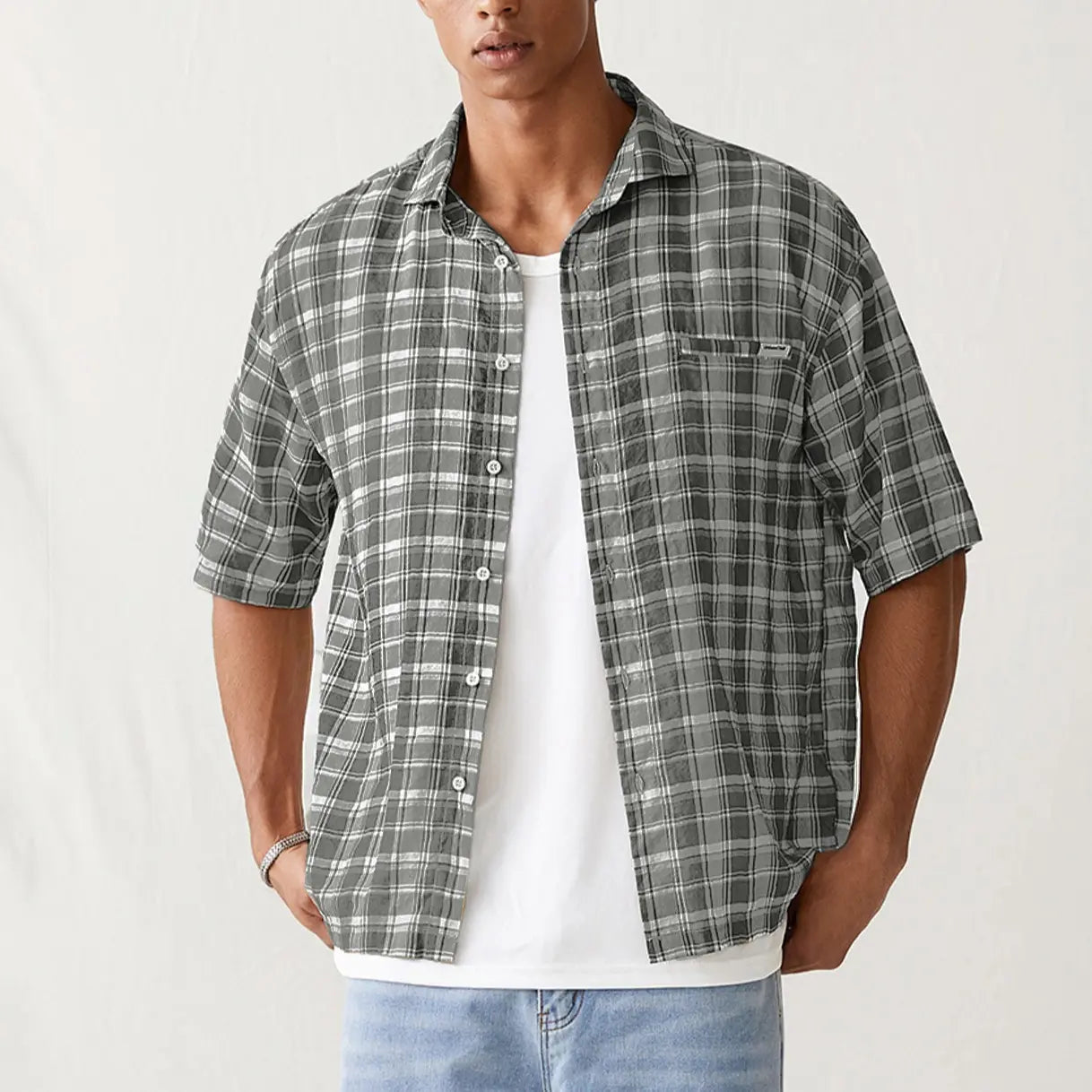 Spring to Summer Plaid Button down Shirts Short Sleeve Drop Shoulder Collared Shirt Top