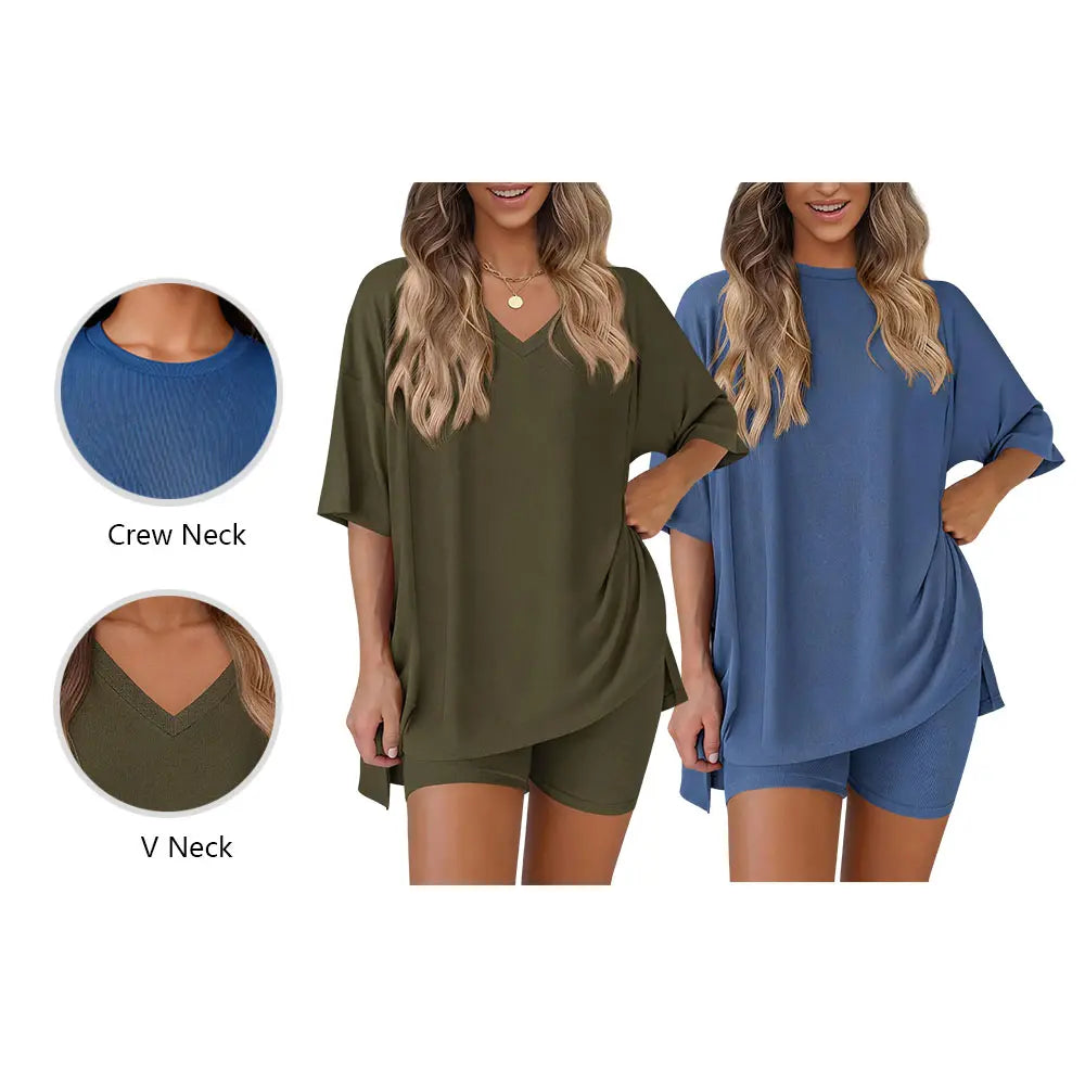PRETTYGARDEN Crewneck Two-Piece Set for Women Summer Casual Oversized Split Hem Shirts & Side Pocket Biker Shorts Minimalist Lounge Wear Soft Viscose Fabric Comfy Homewear Cozy Pjs#Summervibes#Swimweek