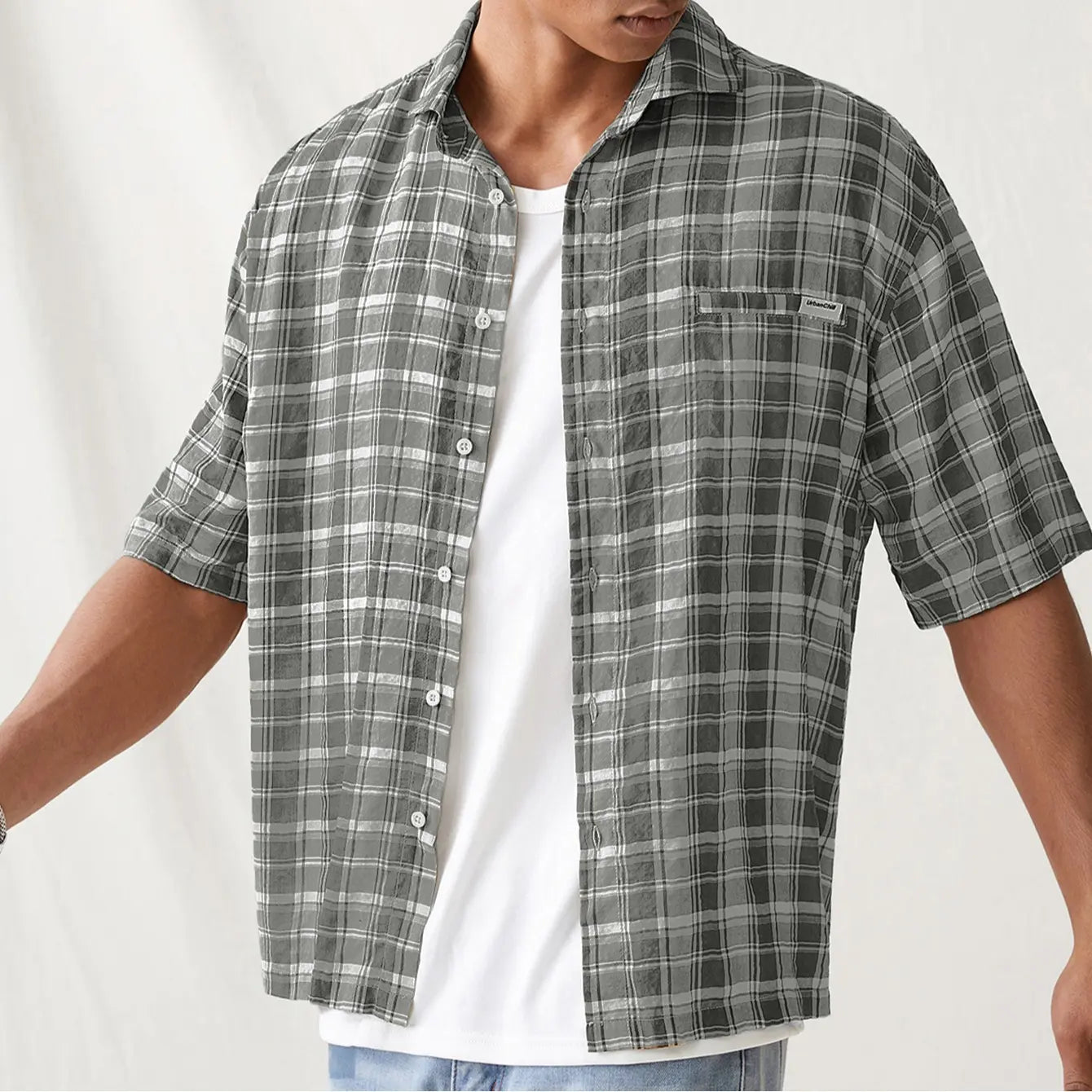 Spring to Summer Plaid Button down Shirts Short Sleeve Drop Shoulder Collared Shirt Top