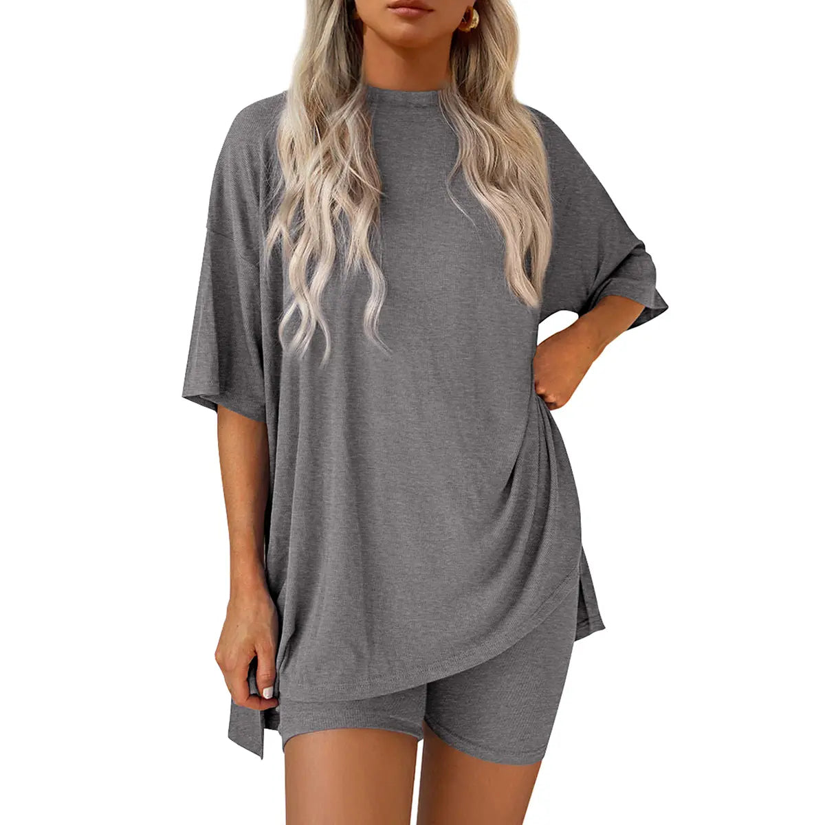 PRETTYGARDEN Crewneck Two-Piece Set for Women Summer Casual Oversized Split Hem Shirts & Side Pocket Biker Shorts Minimalist Lounge Wear Soft Viscose Fabric Comfy Homewear Cozy Pjs#Summervibes#Swimweek