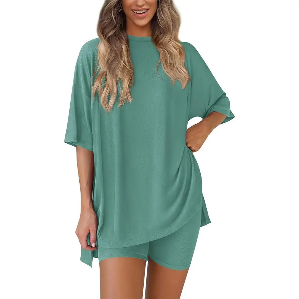 PRETTYGARDEN Crewneck Two-Piece Set for Women Summer Casual Oversized Split Hem Shirts & Side Pocket Biker Shorts Minimalist Lounge Wear Soft Viscose Fabric Comfy Homewear Cozy Pjs#Summervibes#Swimweek