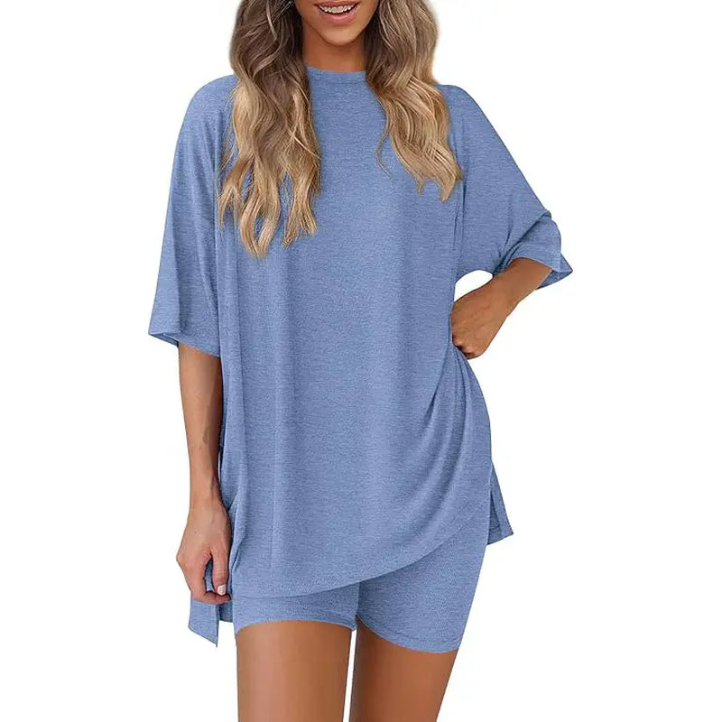 PRETTYGARDEN Crewneck Two-Piece Set for Women Summer Casual Oversized Split Hem Shirts & Side Pocket Biker Shorts Minimalist Lounge Wear Soft Viscose Fabric Comfy Homewear Cozy Pjs#Summervibes#Swimweek