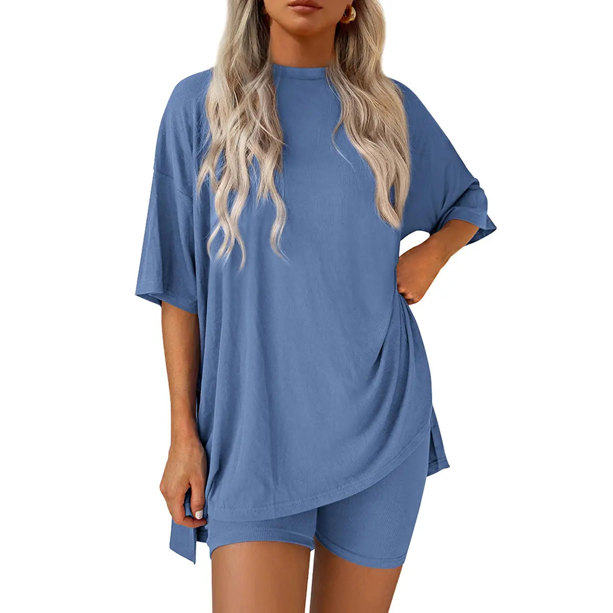 PRETTYGARDEN Crewneck Two-Piece Set for Women Summer Casual Oversized Split Hem Shirts & Side Pocket Biker Shorts Minimalist Lounge Wear Soft Viscose Fabric Comfy Homewear Cozy Pjs#Summervibes#Swimweek
