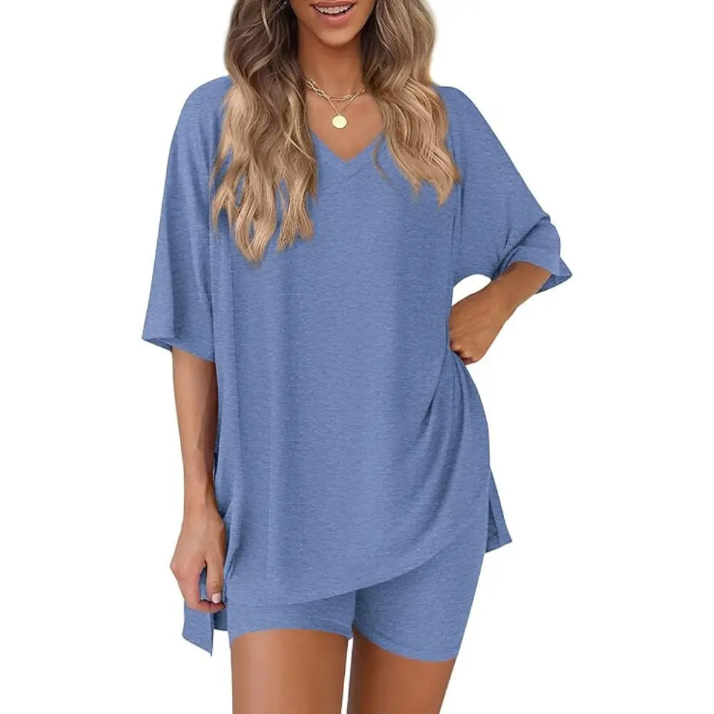 PRETTYGARDEN Crewneck Two-Piece Set for Women Summer Casual Oversized Split Hem Shirts & Side Pocket Biker Shorts Minimalist Lounge Wear Soft Viscose Fabric Comfy Homewear Cozy Pjs#Summervibes#Swimweek