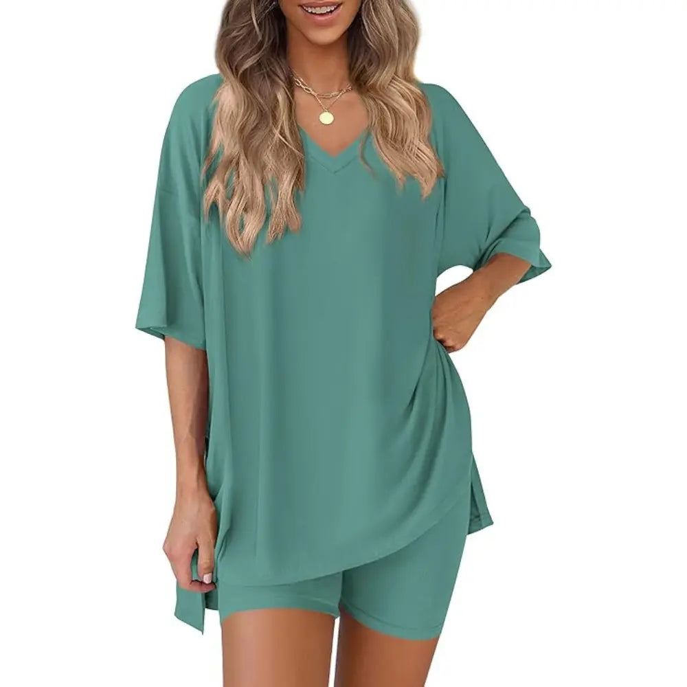 PRETTYGARDEN Crewneck Two-Piece Set for Women Summer Casual Oversized Split Hem Shirts & Side Pocket Biker Shorts Minimalist Lounge Wear Soft Viscose Fabric Comfy Homewear Cozy Pjs#Summervibes#Swimweek