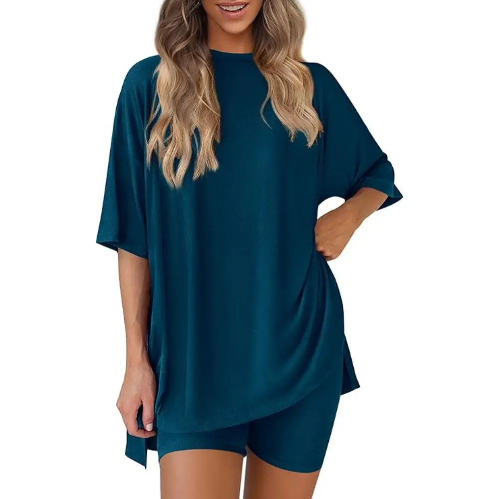 PRETTYGARDEN Crewneck Two-Piece Set for Women Summer Casual Oversized Split Hem Shirts & Side Pocket Biker Shorts Minimalist Lounge Wear Soft Viscose Fabric Comfy Homewear Cozy Pjs#Summervibes#Swimweek