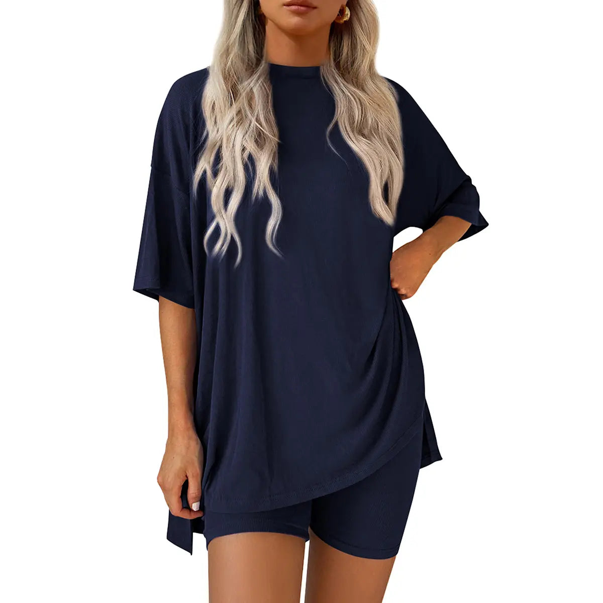PRETTYGARDEN Crewneck Two-Piece Set for Women Summer Casual Oversized Split Hem Shirts & Side Pocket Biker Shorts Minimalist Lounge Wear Soft Viscose Fabric Comfy Homewear Cozy Pjs#Summervibes#Swimweek