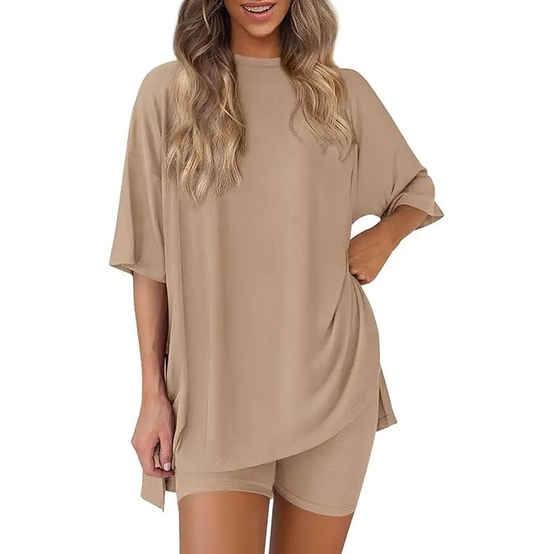 PRETTYGARDEN Crewneck Two-Piece Set for Women Summer Casual Oversized Split Hem Shirts & Side Pocket Biker Shorts Minimalist Lounge Wear Soft Viscose Fabric Comfy Homewear Cozy Pjs#Summervibes#Swimweek