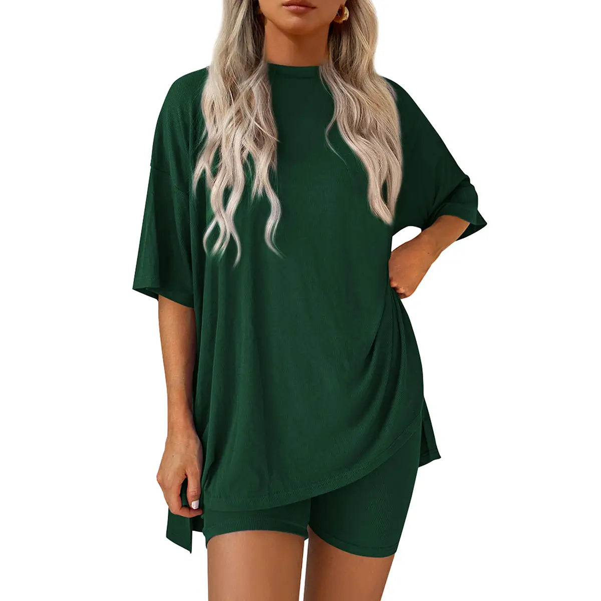PRETTYGARDEN Crewneck Two-Piece Set for Women Summer Casual Oversized Split Hem Shirts & Side Pocket Biker Shorts Minimalist Lounge Wear Soft Viscose Fabric Comfy Homewear Cozy Pjs#Summervibes#Swimweek