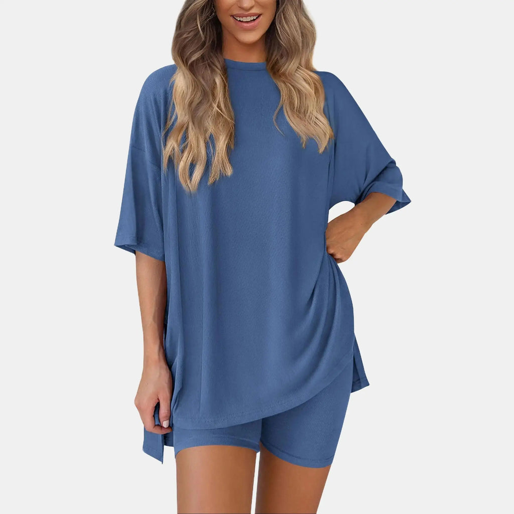 PRETTYGARDEN Crewneck Two-Piece Set for Women Summer Casual Oversized Split Hem Shirts & Side Pocket Biker Shorts Minimalist Lounge Wear Soft Viscose Fabric Comfy Homewear Cozy Pjs#Summervibes#Swimweek