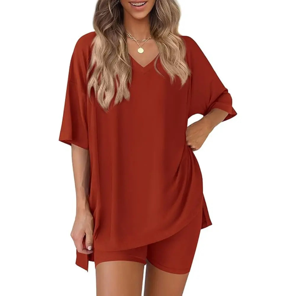 PRETTYGARDEN Crewneck Two-Piece Set for Women Summer Casual Oversized Split Hem Shirts & Side Pocket Biker Shorts Minimalist Lounge Wear Soft Viscose Fabric Comfy Homewear Cozy Pjs#Summervibes#Swimweek
