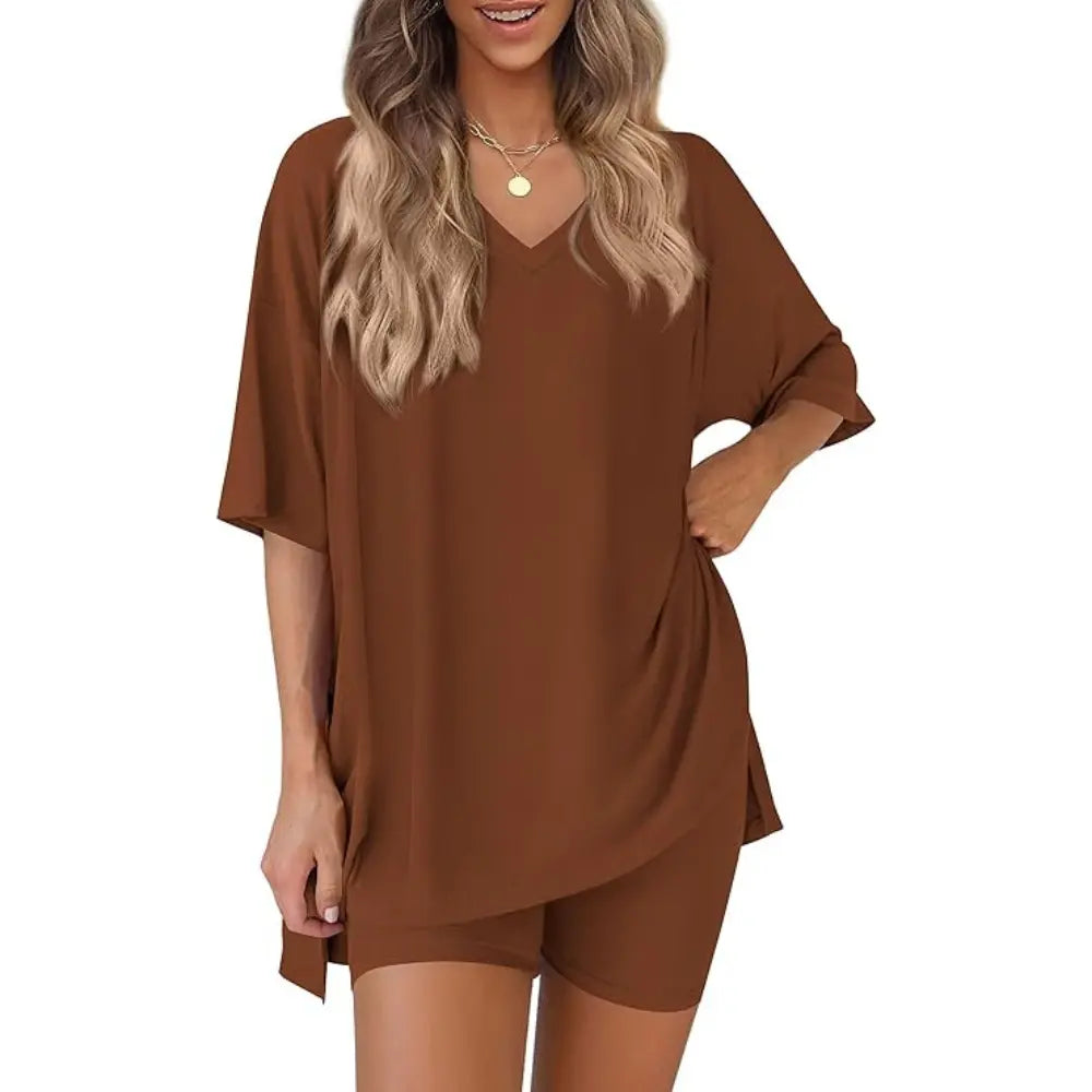 PRETTYGARDEN Crewneck Two-Piece Set for Women Summer Casual Oversized Split Hem Shirts & Side Pocket Biker Shorts Minimalist Lounge Wear Soft Viscose Fabric Comfy Homewear Cozy Pjs#Summervibes#Swimweek