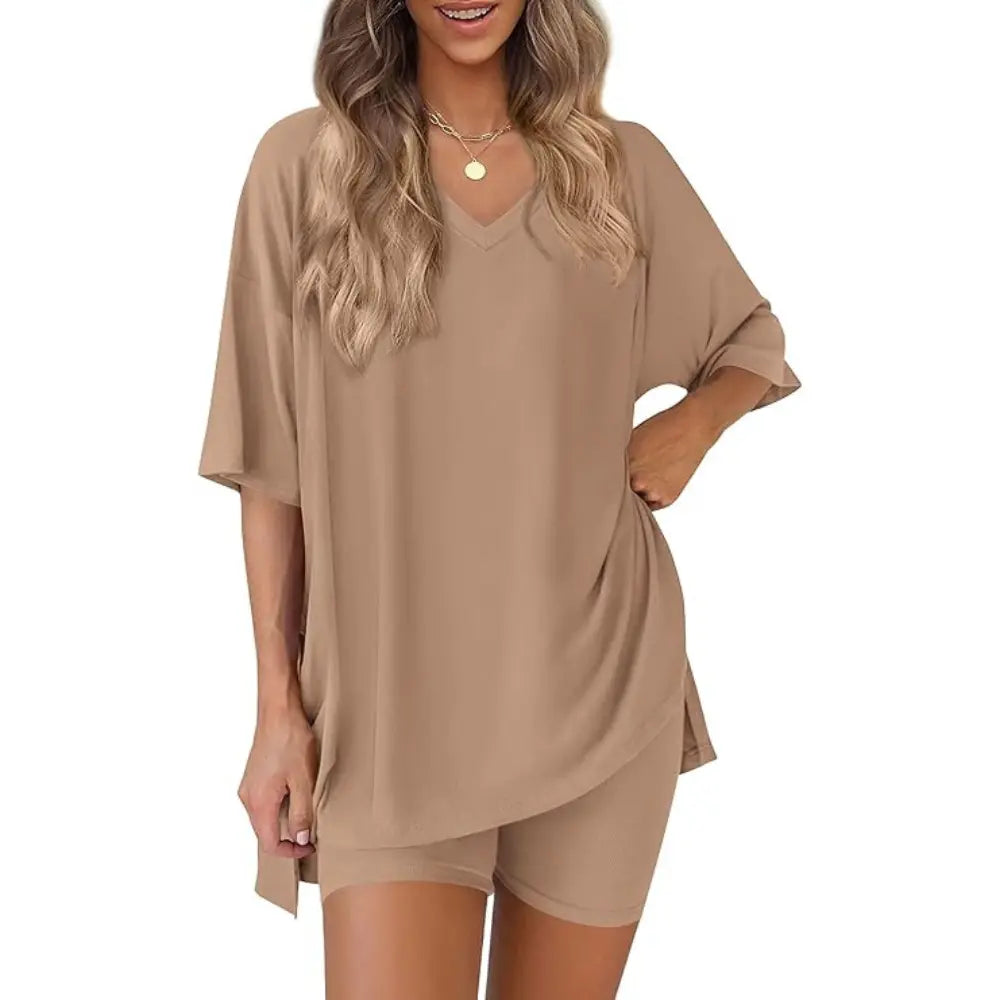 PRETTYGARDEN Crewneck Two-Piece Set for Women Summer Casual Oversized Split Hem Shirts & Side Pocket Biker Shorts Minimalist Lounge Wear Soft Viscose Fabric Comfy Homewear Cozy Pjs#Summervibes#Swimweek