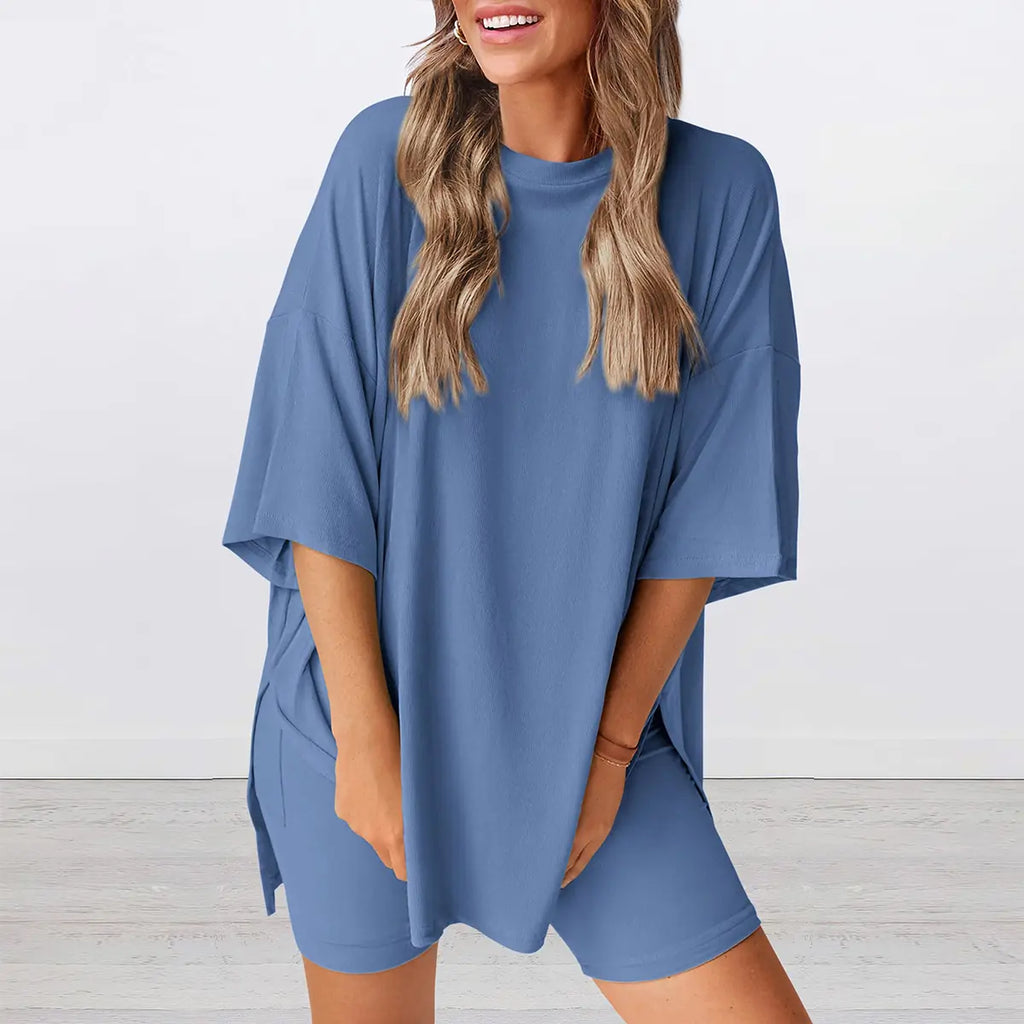 PRETTYGARDEN Crewneck Two-Piece Set for Women Summer Casual Oversized Split Hem Shirts & Side Pocket Biker Shorts Minimalist Lounge Wear Soft Viscose Fabric Comfy Homewear Cozy Pjs#Summervibes#Swimweek