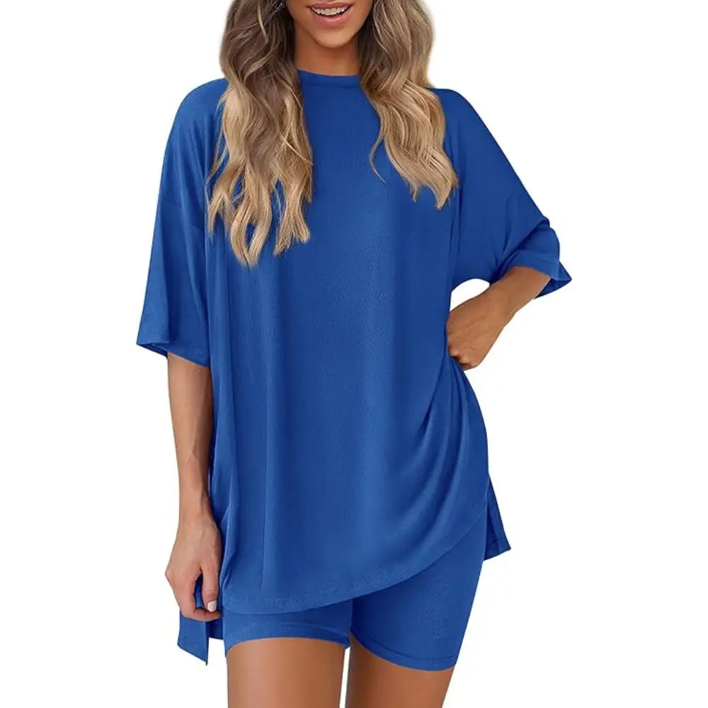 PRETTYGARDEN Crewneck Two-Piece Set for Women Summer Casual Oversized Split Hem Shirts & Side Pocket Biker Shorts Minimalist Lounge Wear Soft Viscose Fabric Comfy Homewear Cozy Pjs#Summervibes#Swimweek