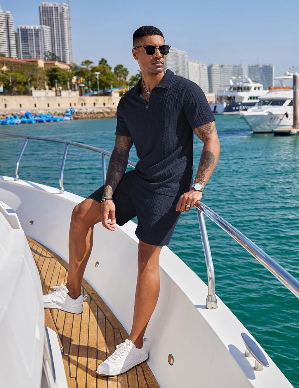 Men'S 2 Pieces Outfits Casual Quarter Zip Polo Shirt and Shorts Set Athletic Jogging Summer Tracksuit