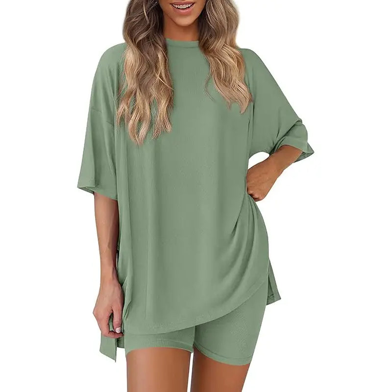 PRETTYGARDEN Crewneck Two-Piece Set for Women Summer Casual Oversized Split Hem Shirts & Side Pocket Biker Shorts Minimalist Lounge Wear Soft Viscose Fabric Comfy Homewear Cozy Pjs#Summervibes#Swimweek