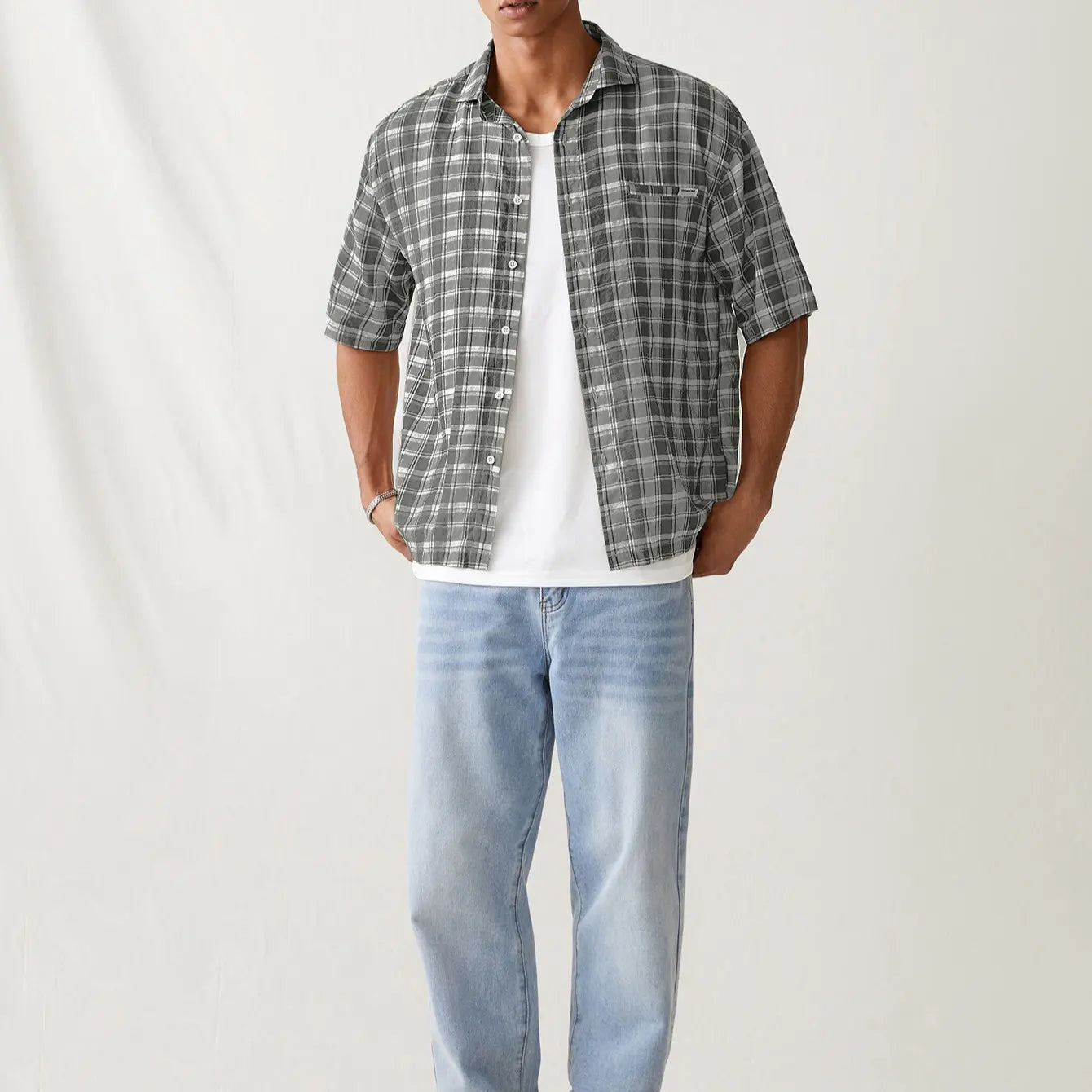 Spring to Summer Plaid Button down Shirts Short Sleeve Drop Shoulder Collared Shirt Top