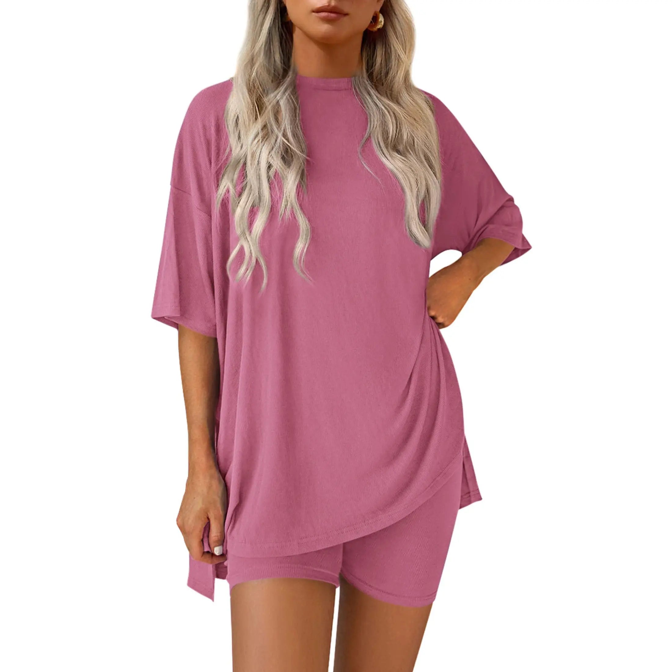 PRETTYGARDEN Crewneck Two-Piece Set for Women Summer Casual Oversized Split Hem Shirts & Side Pocket Biker Shorts Minimalist Lounge Wear Soft Viscose Fabric Comfy Homewear Cozy Pjs#Summervibes#Swimweek