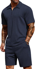 Men'S 2 Pieces Outfits Casual Quarter Zip Polo Shirt and Shorts Set Athletic Jogging Summer Tracksuit