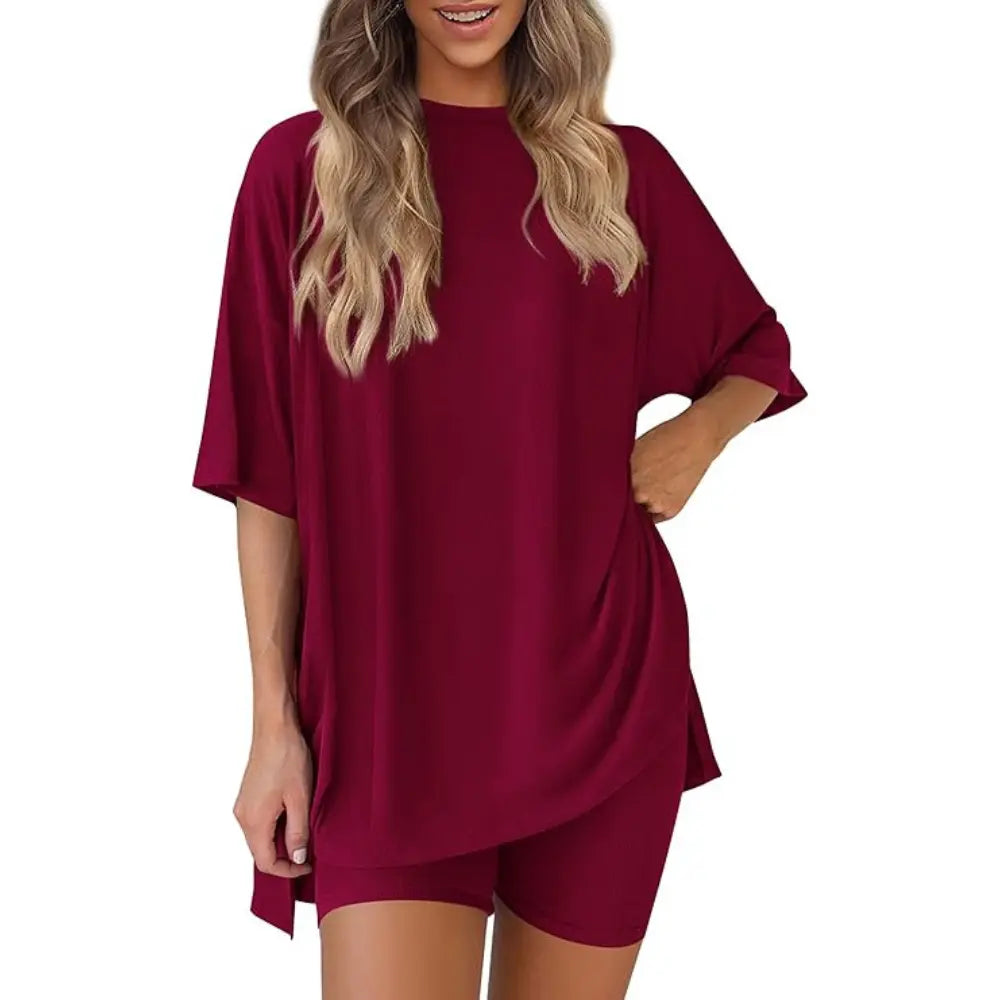 PRETTYGARDEN Crewneck Two-Piece Set for Women Summer Casual Oversized Split Hem Shirts & Side Pocket Biker Shorts Minimalist Lounge Wear Soft Viscose Fabric Comfy Homewear Cozy Pjs#Summervibes#Swimweek