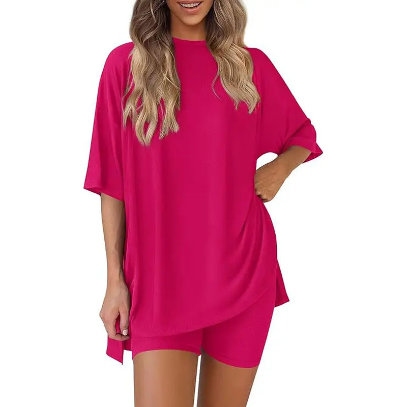 PRETTYGARDEN Crewneck Two-Piece Set for Women Summer Casual Oversized Split Hem Shirts & Side Pocket Biker Shorts Minimalist Lounge Wear Soft Viscose Fabric Comfy Homewear Cozy Pjs#Summervibes#Swimweek