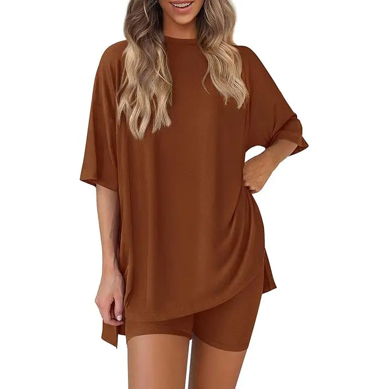PRETTYGARDEN Crewneck Two-Piece Set for Women Summer Casual Oversized Split Hem Shirts & Side Pocket Biker Shorts Minimalist Lounge Wear Soft Viscose Fabric Comfy Homewear Cozy Pjs#Summervibes#Swimweek