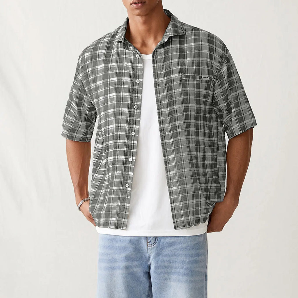Spring to Summer Plaid Button down Shirts Short Sleeve Drop Shoulder Collared Shirt Top
