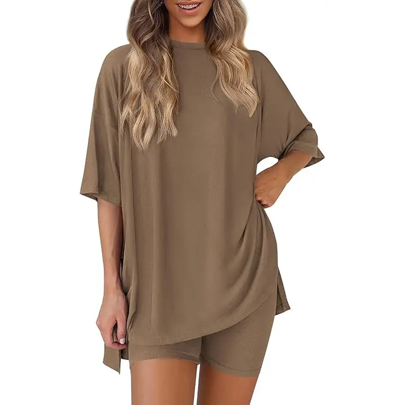PRETTYGARDEN Crewneck Two-Piece Set for Women Summer Casual Oversized Split Hem Shirts & Side Pocket Biker Shorts Minimalist Lounge Wear Soft Viscose Fabric Comfy Homewear Cozy Pjs#Summervibes#Swimweek