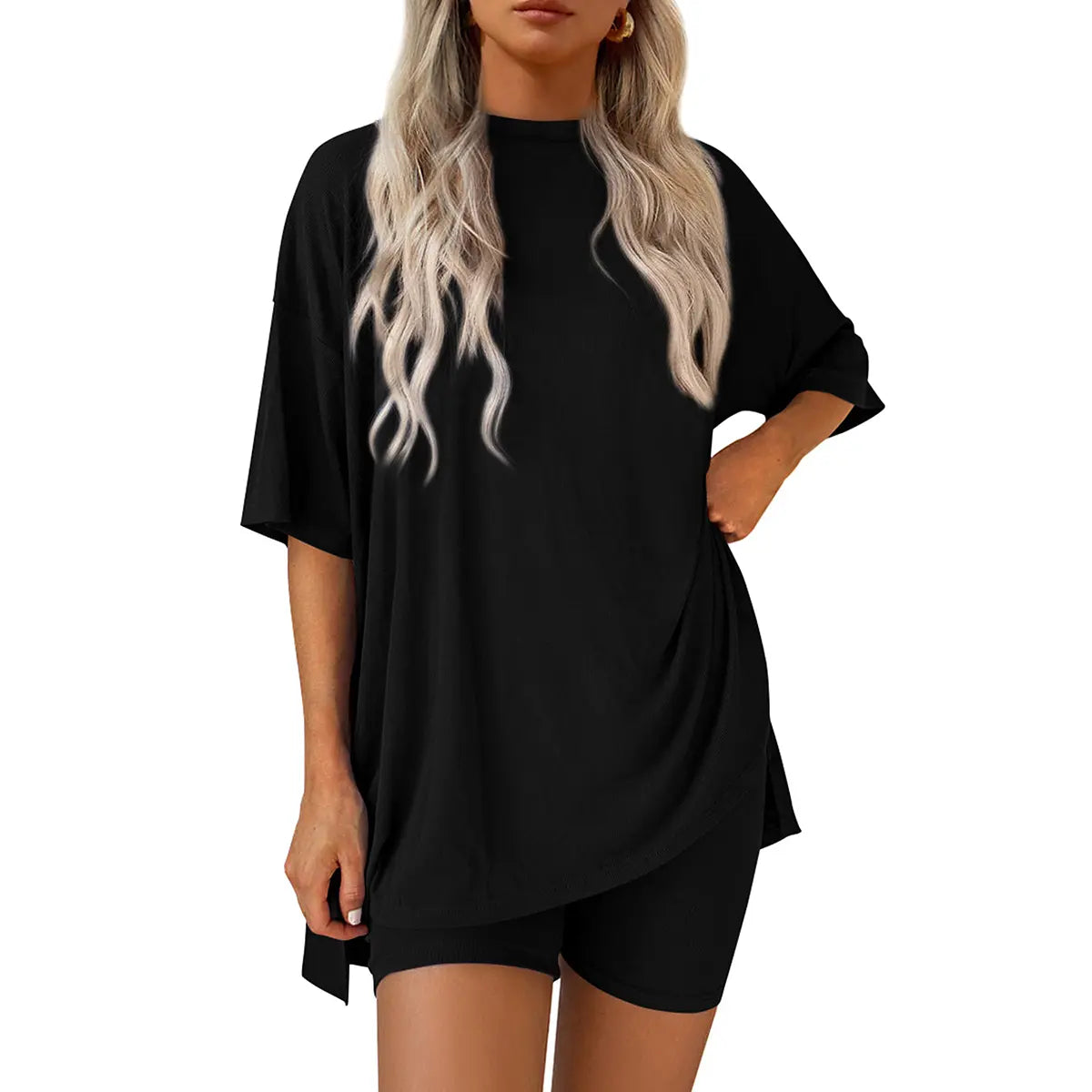 PRETTYGARDEN Crewneck Two-Piece Set for Women Summer Casual Oversized Split Hem Shirts & Side Pocket Biker Shorts Minimalist Lounge Wear Soft Viscose Fabric Comfy Homewear Cozy Pjs#Summervibes#Swimweek