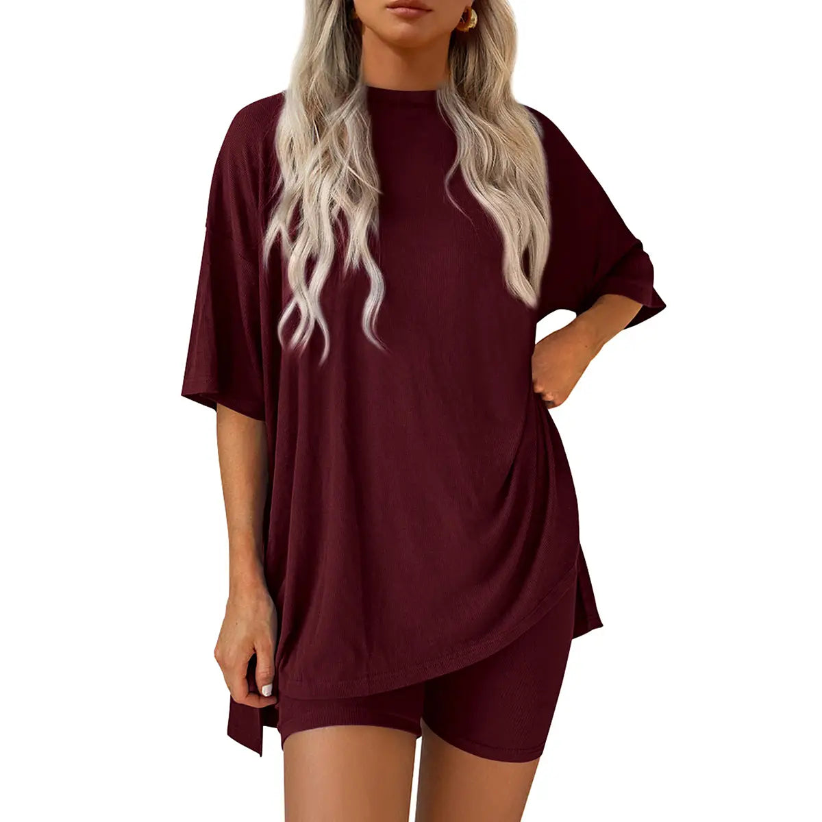 PRETTYGARDEN Crewneck Two-Piece Set for Women Summer Casual Oversized Split Hem Shirts & Side Pocket Biker Shorts Minimalist Lounge Wear Soft Viscose Fabric Comfy Homewear Cozy Pjs#Summervibes#Swimweek
