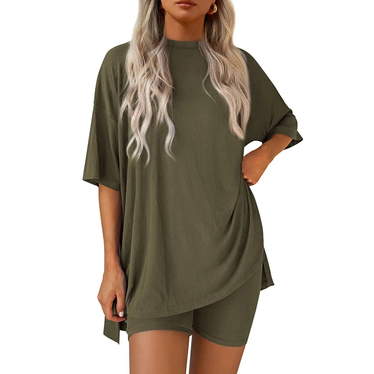 PRETTYGARDEN Crewneck Two-Piece Set for Women Summer Casual Oversized Split Hem Shirts & Side Pocket Biker Shorts Minimalist Lounge Wear Soft Viscose Fabric Comfy Homewear Cozy Pjs#Summervibes#Swimweek