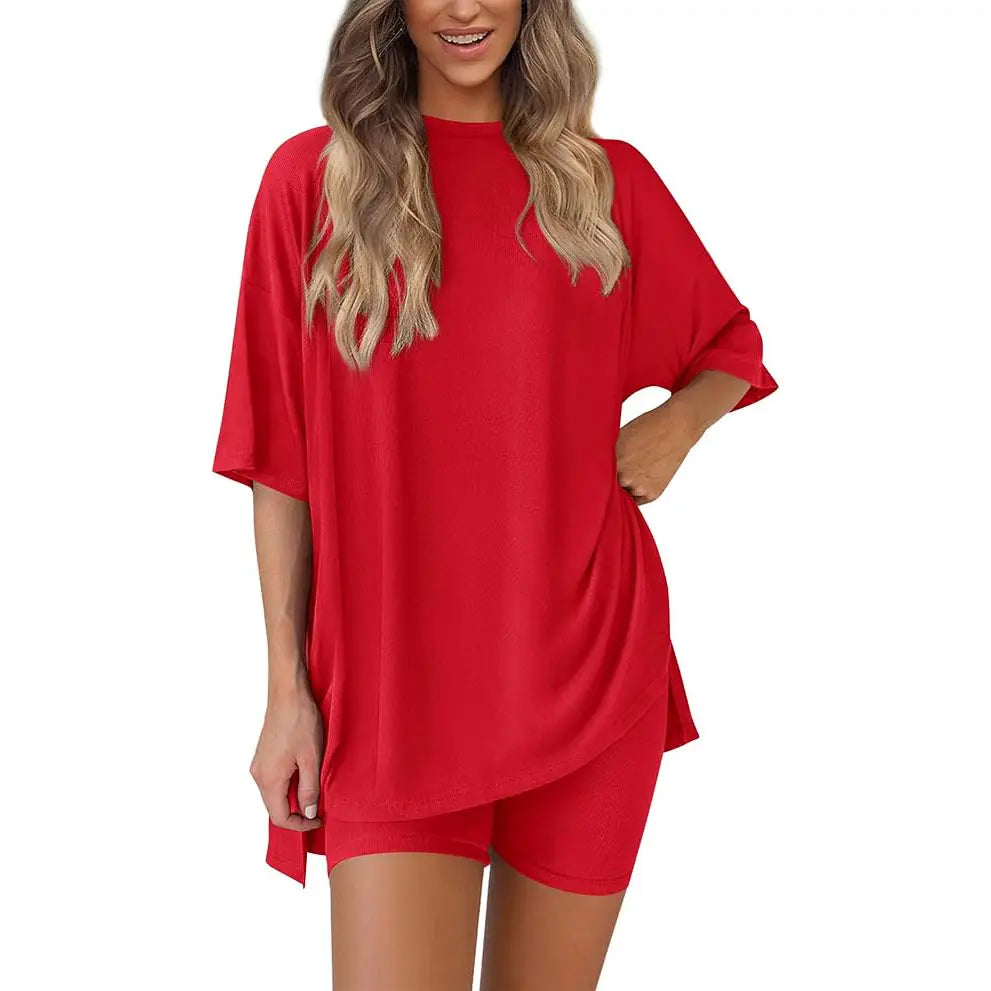 PRETTYGARDEN Crewneck Two-Piece Set for Women Summer Casual Oversized Split Hem Shirts & Side Pocket Biker Shorts Minimalist Lounge Wear Soft Viscose Fabric Comfy Homewear Cozy Pjs#Summervibes#Swimweek