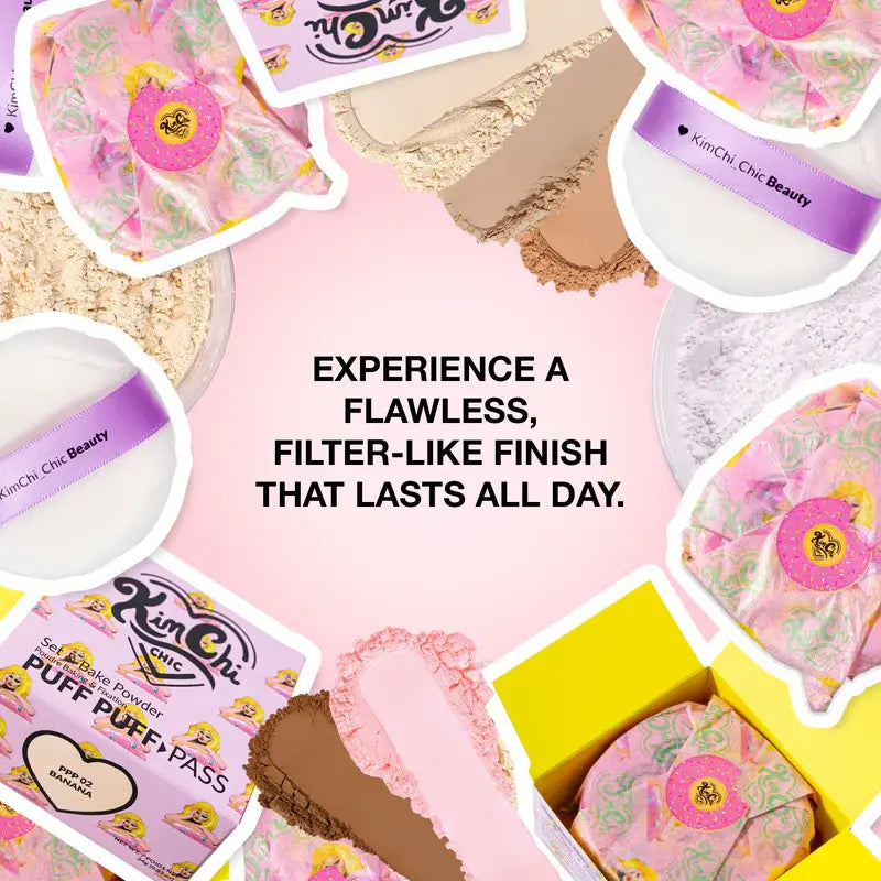Kimchi Chic Puff Puff Pass Set & Bake Powder with Rice Powder & Vitamin-E, Lightweight & Translucent Makeup, Cosmetic Setting Powder