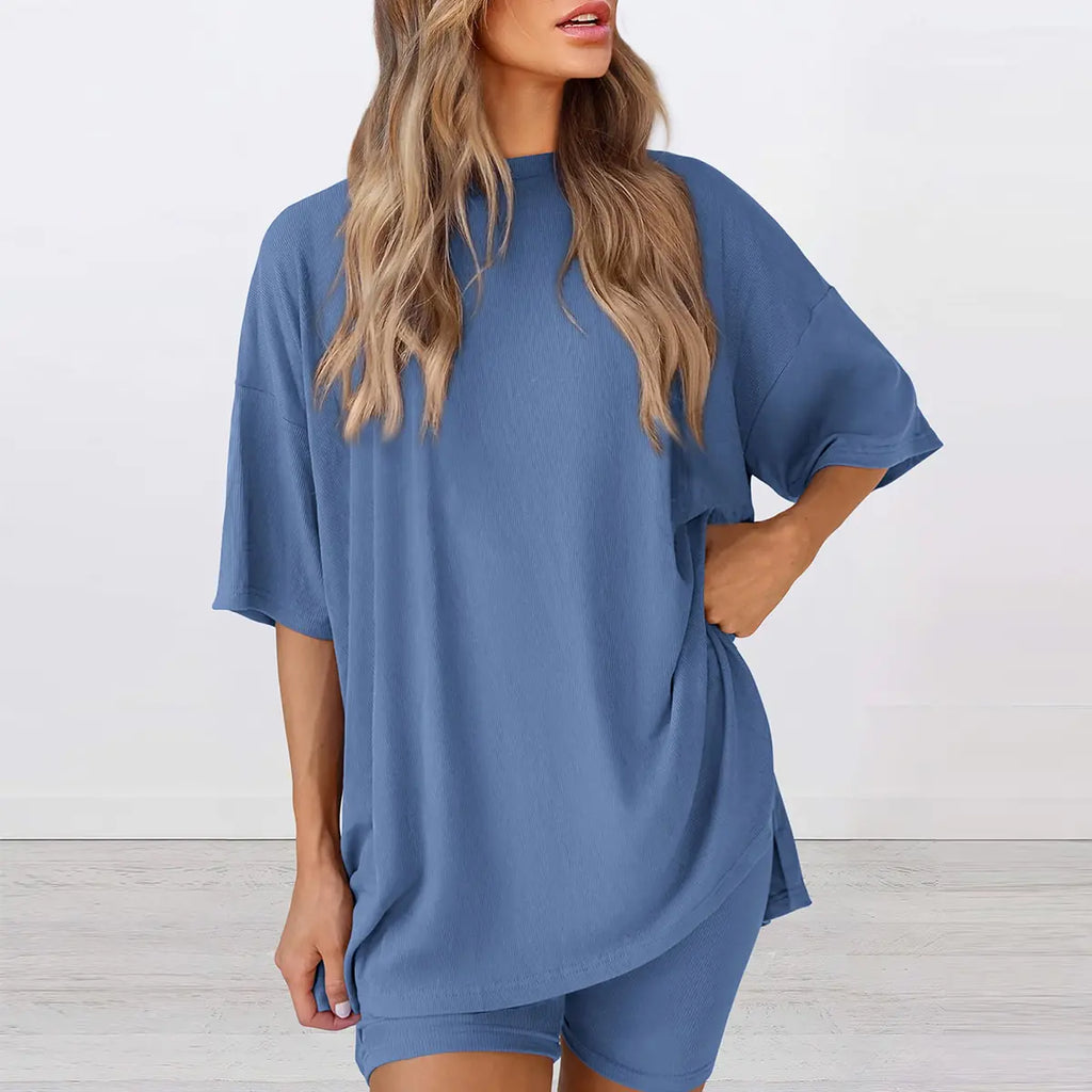 PRETTYGARDEN Crewneck Two-Piece Set for Women Summer Casual Oversized Split Hem Shirts & Side Pocket Biker Shorts Minimalist Lounge Wear Soft Viscose Fabric Comfy Homewear Cozy Pjs#Summervibes#Swimweek
